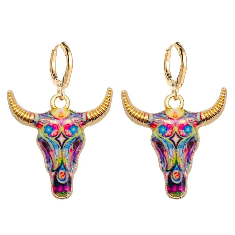 Colorful longhorn earrings for western cowgirl and coastal cowgirl outfits