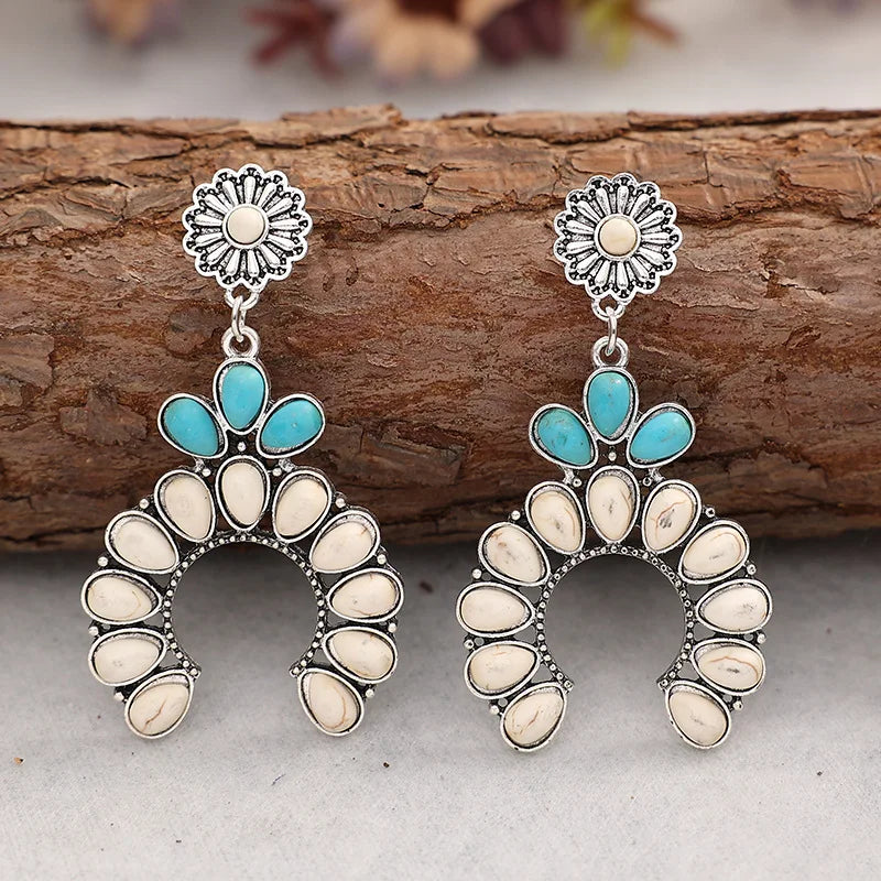 White turquoise-look stud earrings with western flower detail for cowgirl outfits