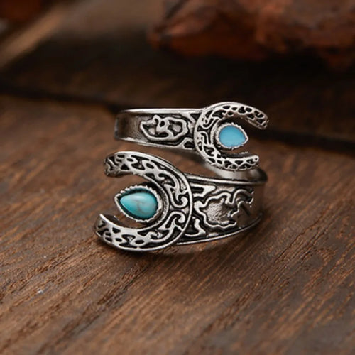 Turquoise-look adjustable statement ring for western coastal cowgirl jewelry stacks
