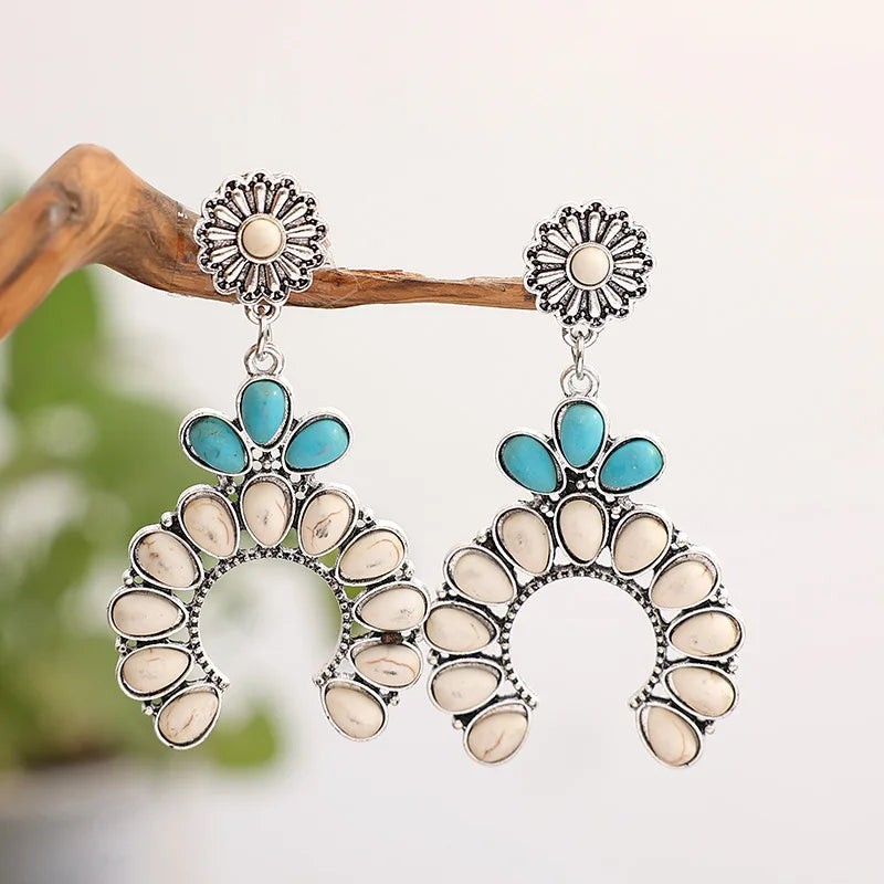White turquoise-look stud earrings with western flower detail for cowgirl outfits