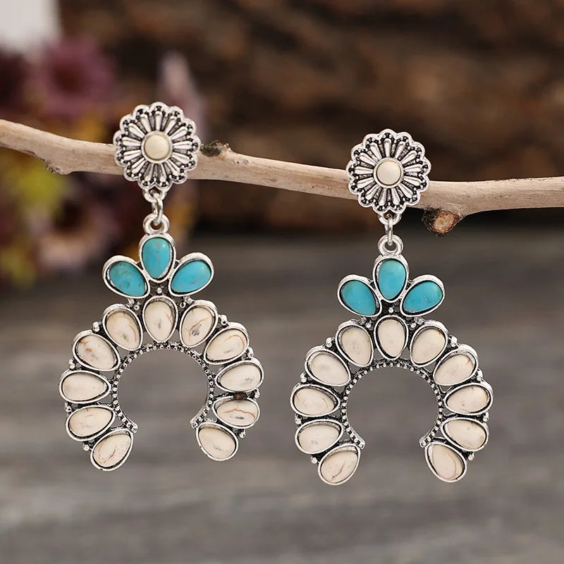 White turquoise-look stud earrings with western flower detail for cowgirl outfits