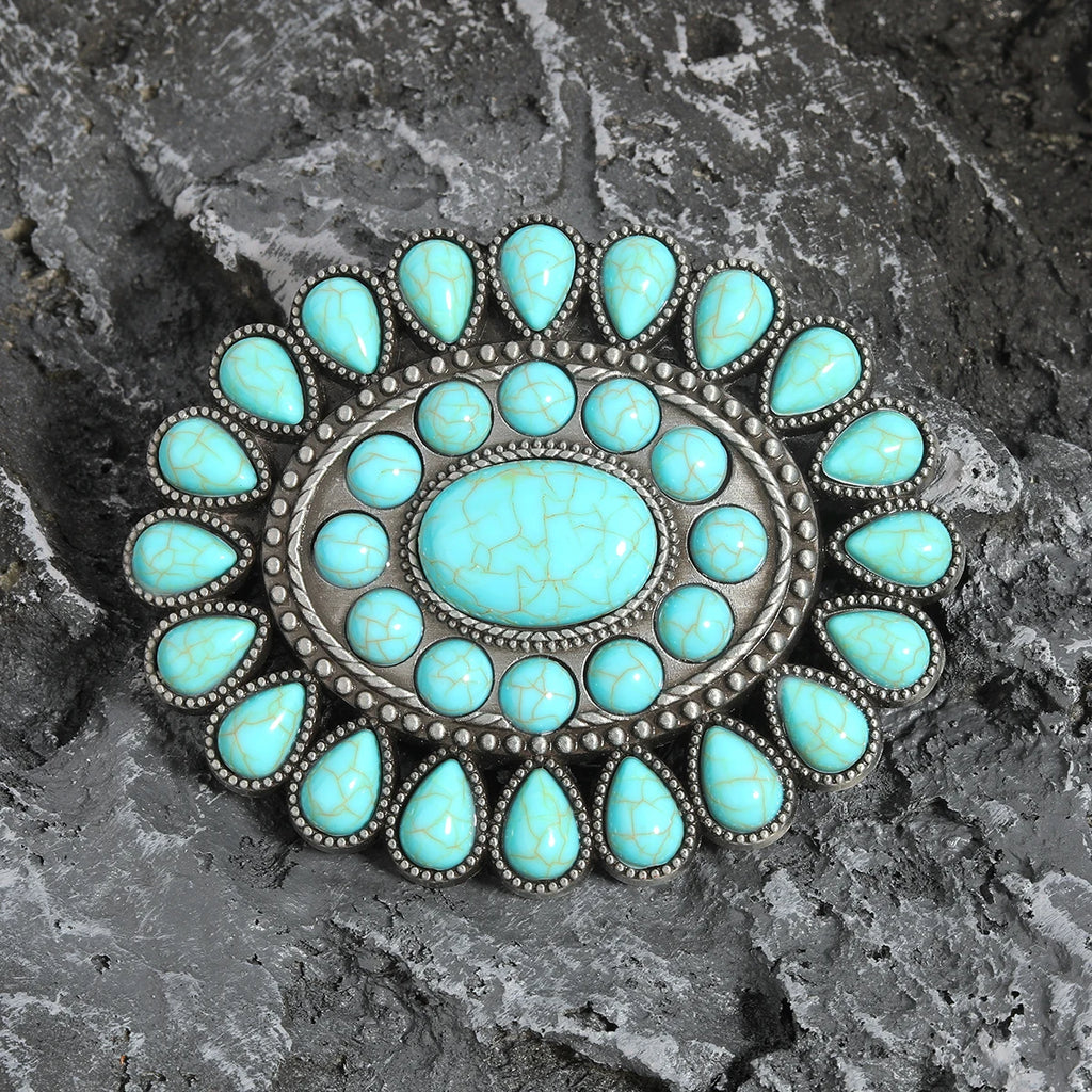 Turquoise-look western belt buckle with concho-style detail for coastal cowgirl outfits