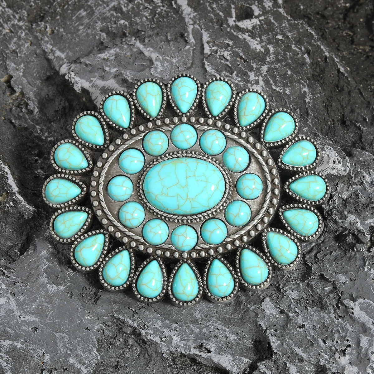 Turquoise-look western belt buckle with concho-style detail for coastal cowgirl outfits