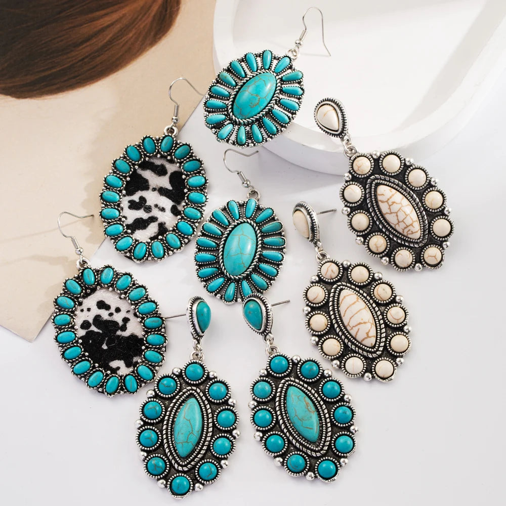 Turquoise-look leather-look drop earrings for western coastal cowgirl outfits