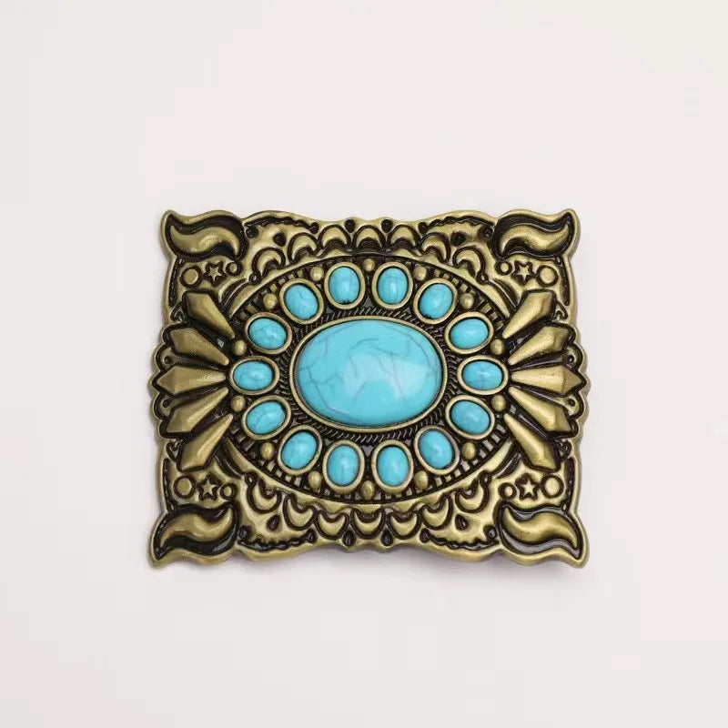 Turquoise-look western belt buckle with concho-style detail for coastal cowgirl outfits