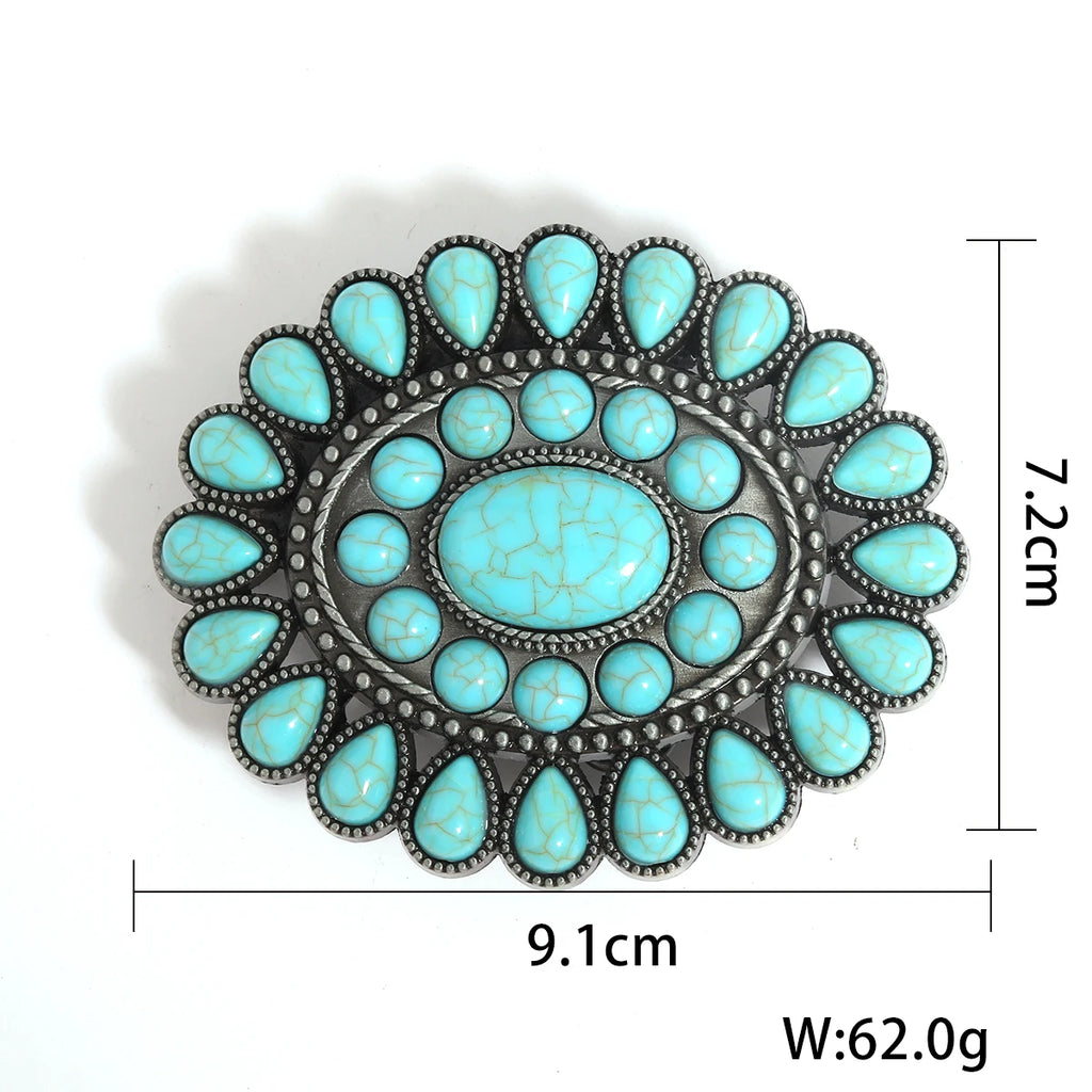 Turquoise-look western belt buckle with concho-style detail for coastal cowgirl outfits