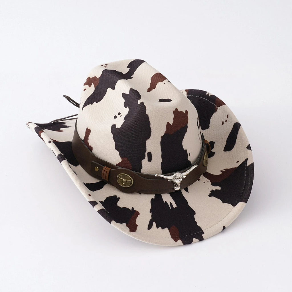 Cow print western wide brim hat for coastal cowgirl outfits and country concerts