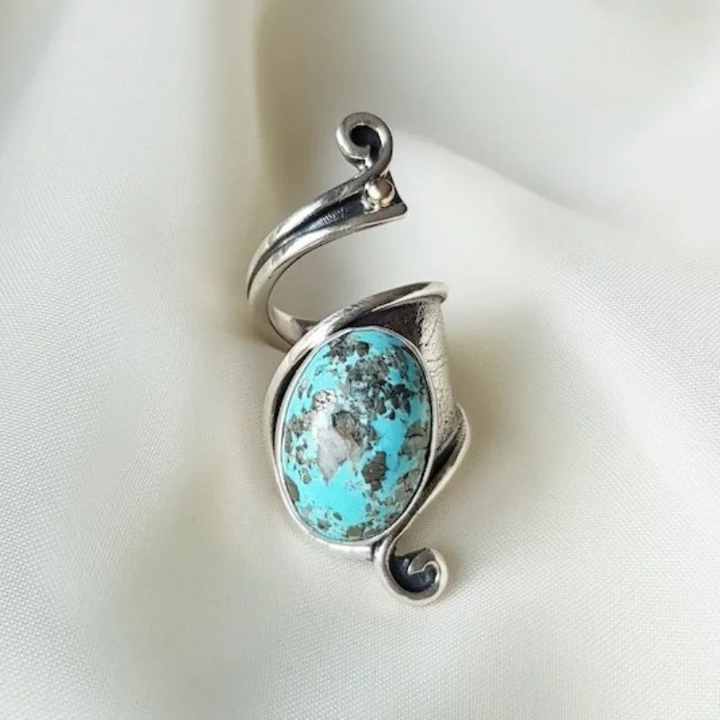 Turquoise-look adjustable statement ring for western coastal cowgirl jewelry stacks