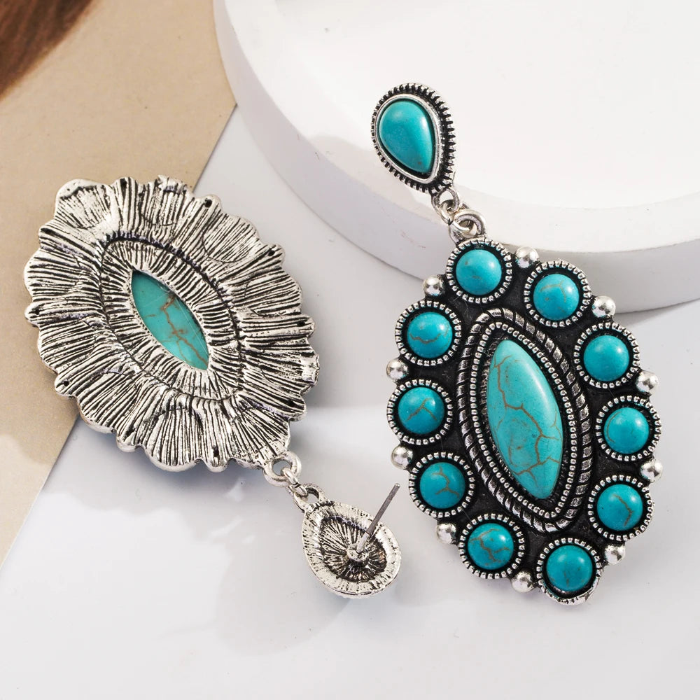 Turquoise-look leather-look drop earrings for western coastal cowgirl outfits