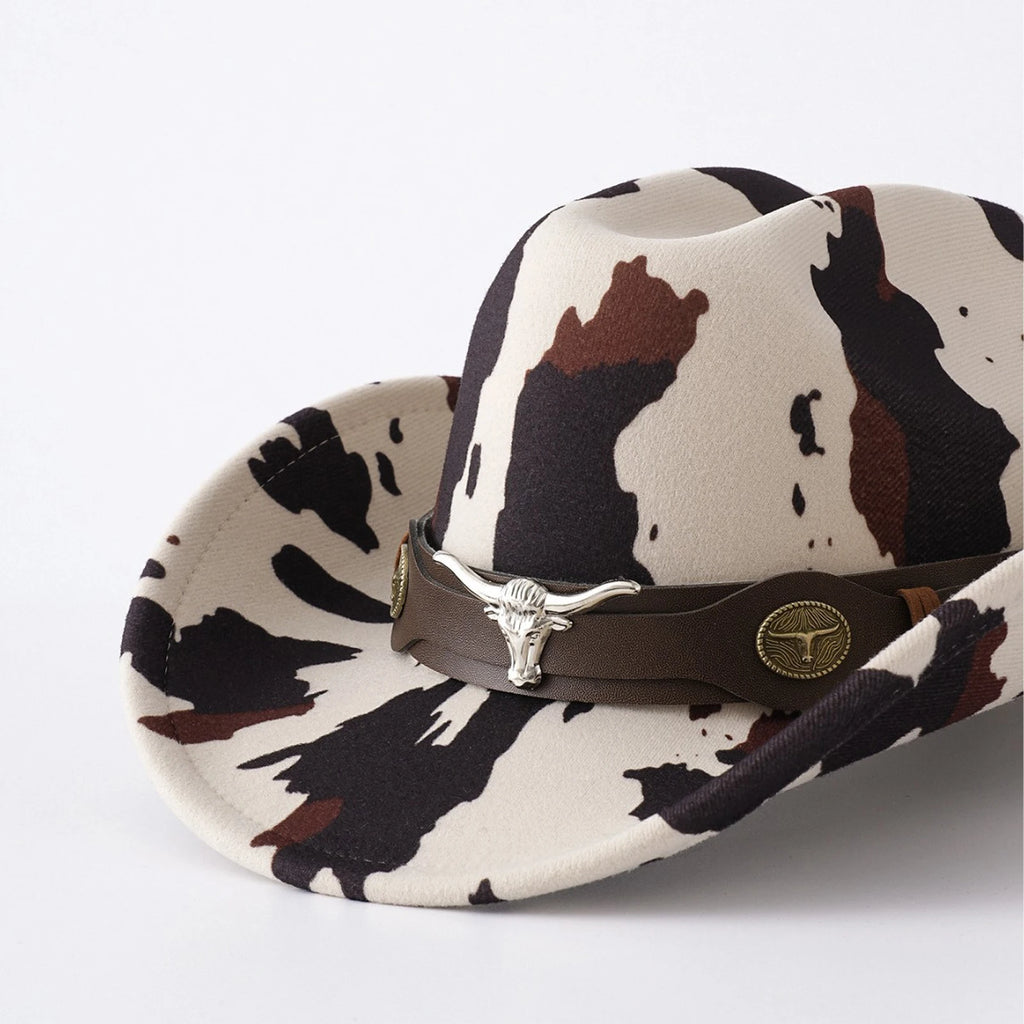 Cow print western wide brim hat for coastal cowgirl outfits and country concerts