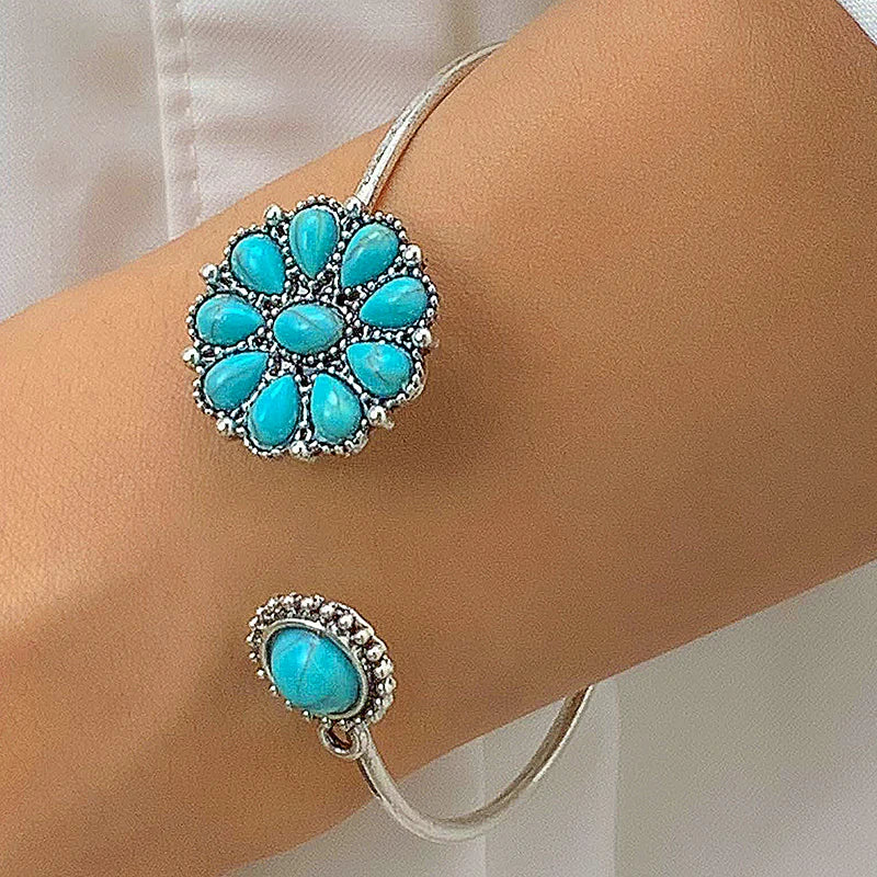 Turquoise-look flower cuff bracelet for western coastal cowgirl jewelry stacks