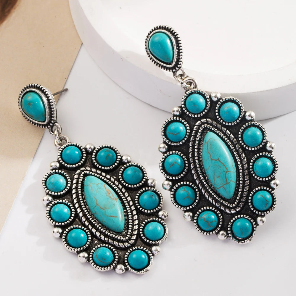 Turquoise-look leather-look drop earrings for western coastal cowgirl outfits