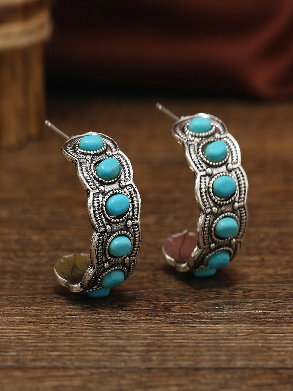 Turquoise-look C hoop earrings for western coastal cowgirl outfits