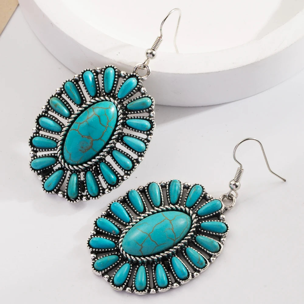 Turquoise-look leather-look drop earrings for western coastal cowgirl outfits