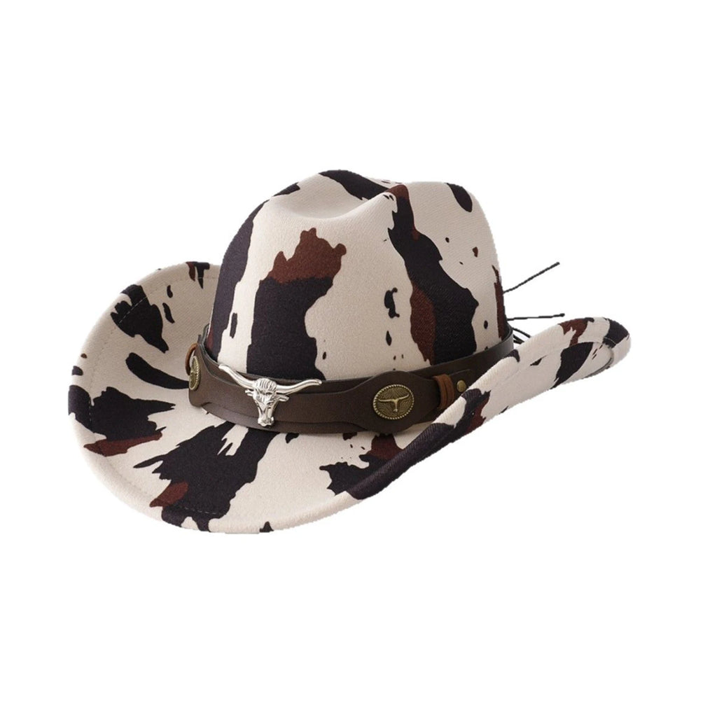 Cow print western wide brim hat for coastal cowgirl outfits and country concerts