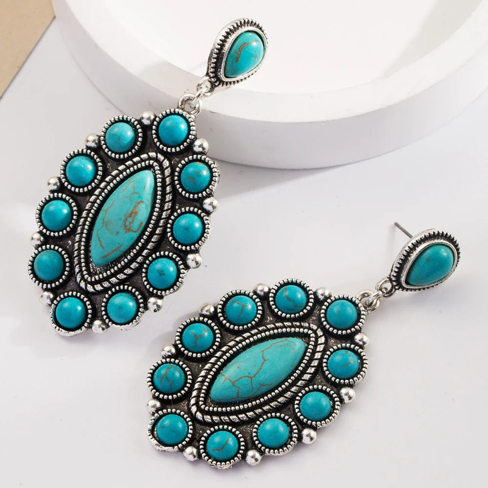 Turquoise-look leather-look drop earrings for western coastal cowgirl outfits