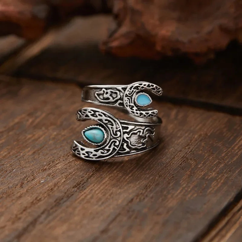 Turquoise-look adjustable statement ring for western coastal cowgirl jewelry stacks