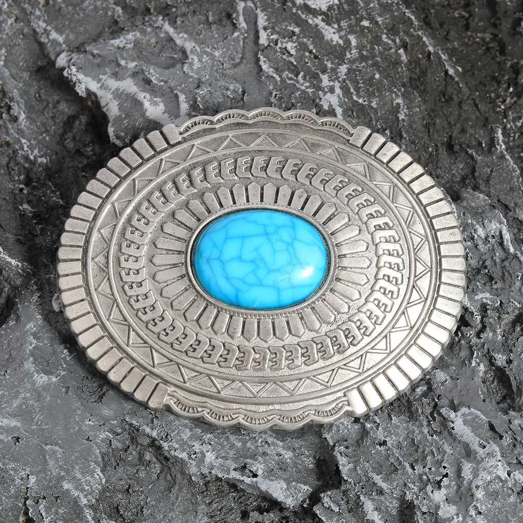 Turquoise-look western belt buckle with concho-style detail for coastal cowgirl outfits